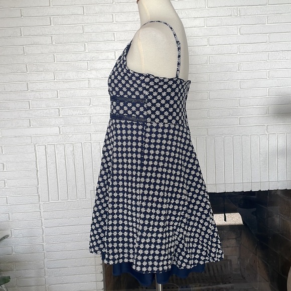 Trixxi Eyelet Skater Navy Mini Dress with Thin Straps and White Flower Detail - Picture 8 of 12